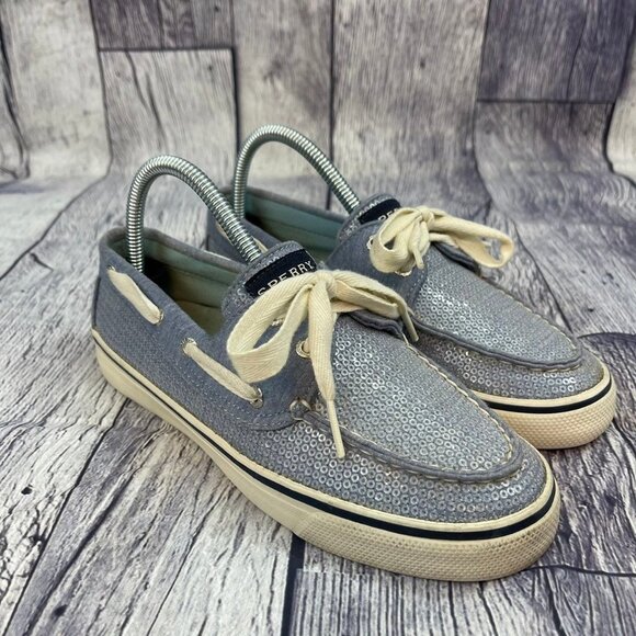 Sperry Bahama 2 Eye Boat Shoes Women's size 6 Slip On Sneaker Blue Sequins Shiny - Picture 2 of 11